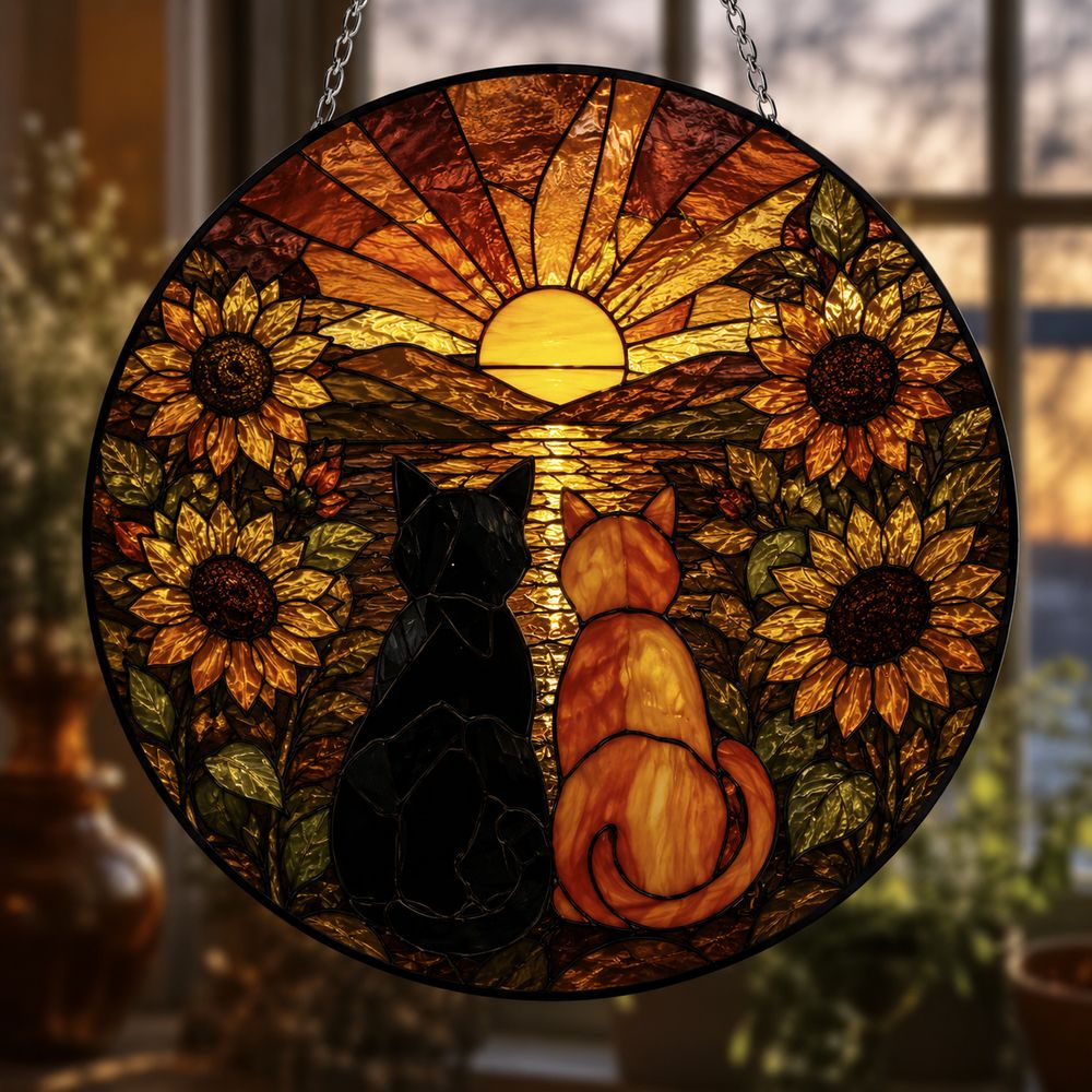 Sunflower Cat Window Hanging, Cat Portrait Stained Glass Suncatcher Home Decor, Sunflower Cat Suncatcher Gift For Cat Lovers, Pet Keepsake - Style 9
