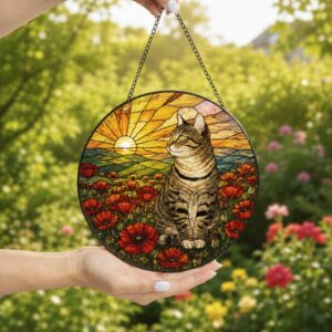 Tabby Cat Suncatcher, Poppies Stained Glass, Cat Window Hanging Decor, Gift For Mom Grandma, Birthday Gift, Cat Lover Gift - Style 1