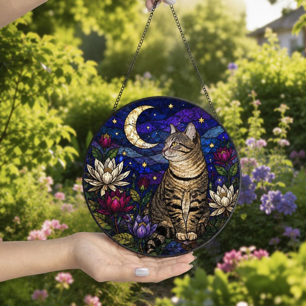 Tabby Cat Suncatcher, Poppies Stained Glass, Cat Window Hanging Decor, Gift For Mom Grandma, Birthday Gift, Cat Lover Gift - Style 10