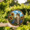 Tabby Cat Suncatcher, Poppies Stained Glass, Cat Window Hanging Decor, Gift For Mom Grandma, Birthday Gift, Cat Lover Gift - Style 3