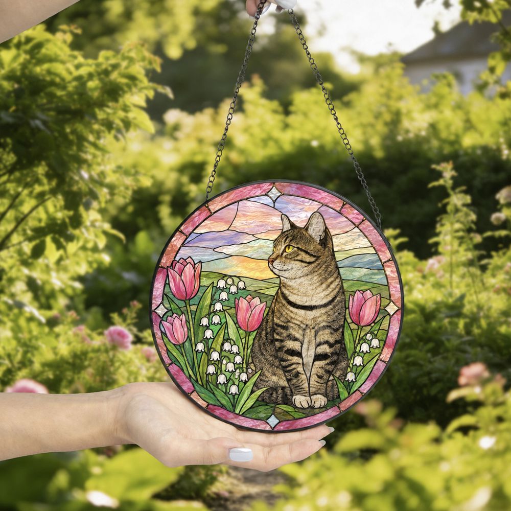 Tabby Cat Suncatcher, Poppies Stained Glass, Cat Window Hanging Decor, Gift For Mom Grandma, Birthday Gift, Cat Lover Gift - Style 4