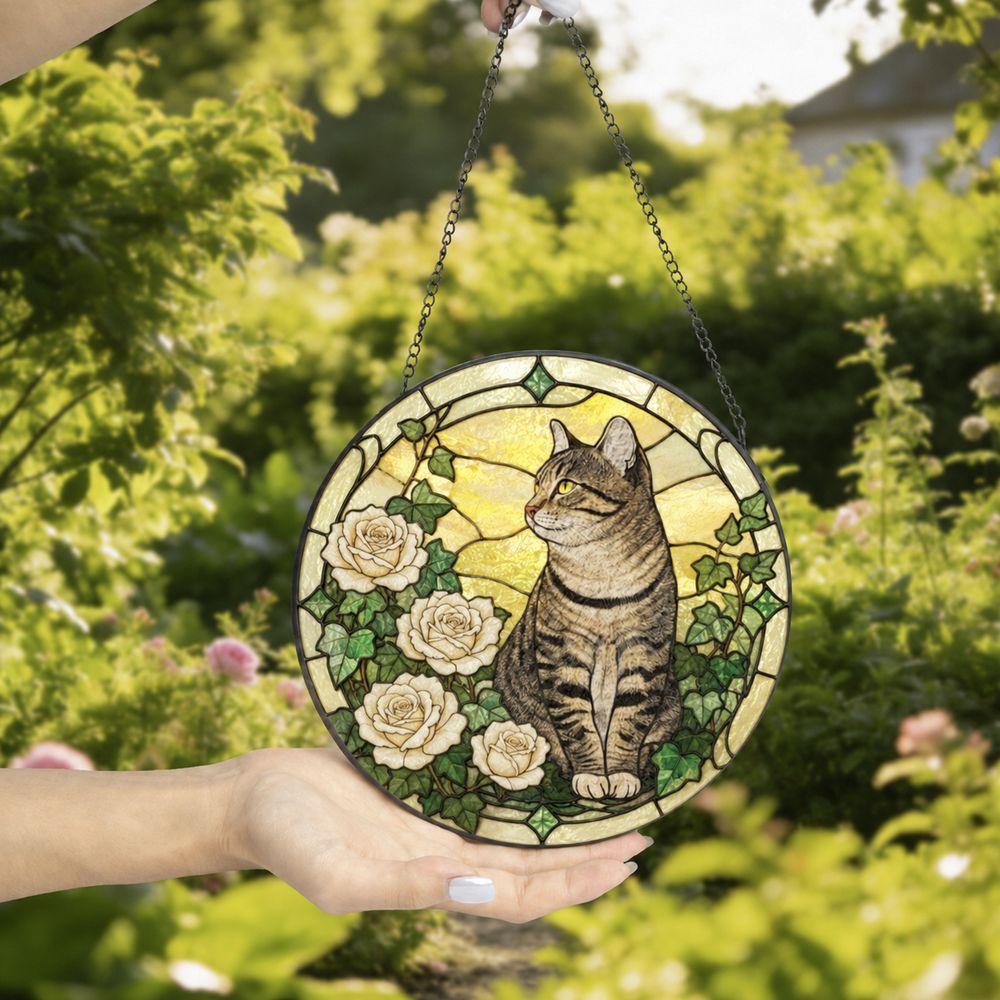 Tabby Cat Suncatcher, Poppies Stained Glass, Cat Window Hanging Decor, Gift For Mom Grandma, Birthday Gift, Cat Lover Gift - Style 5