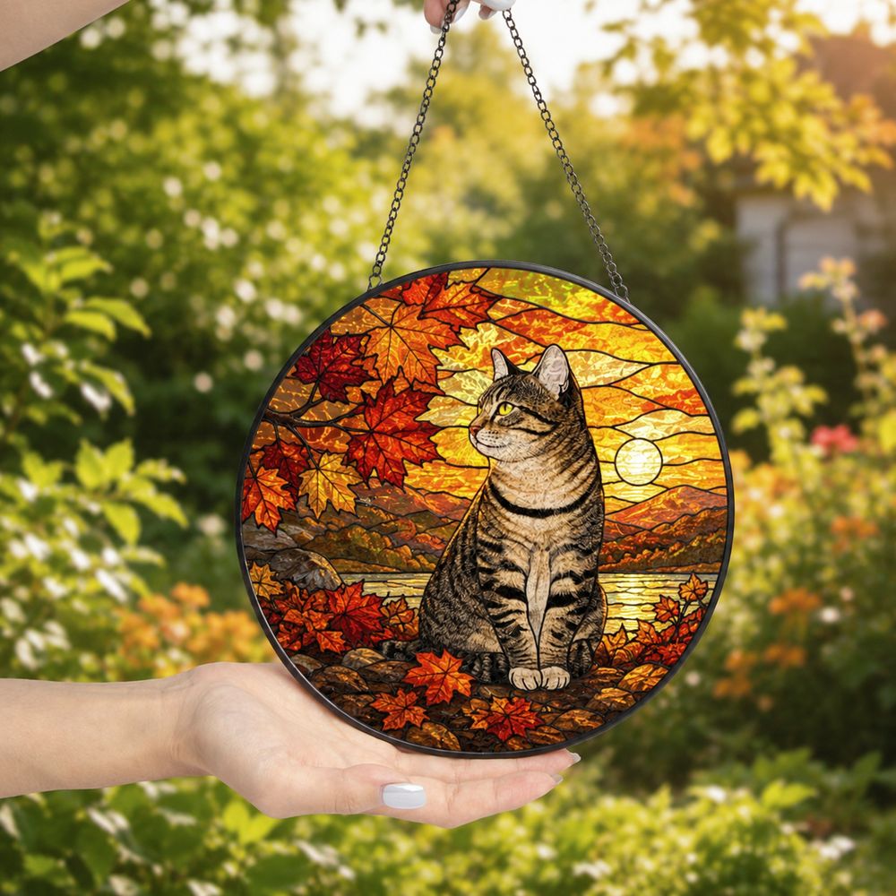 Tabby Cat Suncatcher, Poppies Stained Glass, Cat Window Hanging Decor, Gift For Mom Grandma, Birthday Gift, Cat Lover Gift - Style 6