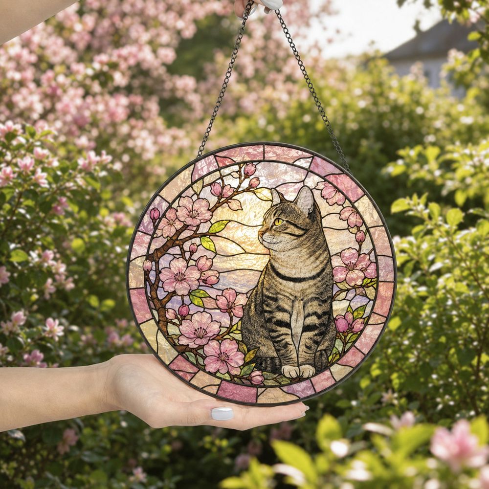 Tabby Cat Suncatcher, Poppies Stained Glass, Cat Window Hanging Decor, Gift For Mom Grandma, Birthday Gift, Cat Lover Gift - Style 7
