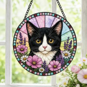 Tuxedo Cat Stained Glass Suncatcher, Black And White Cat Window Hanging, Floral Cat Decor, Cat Lover Gift, Pet Memorial Decoration - Style 1