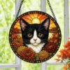 Tuxedo Cat Stained Glass Suncatcher, Black And White Cat Window Hanging, Floral Cat Decor, Cat Lover Gift, Pet Memorial Decoration - Style 10