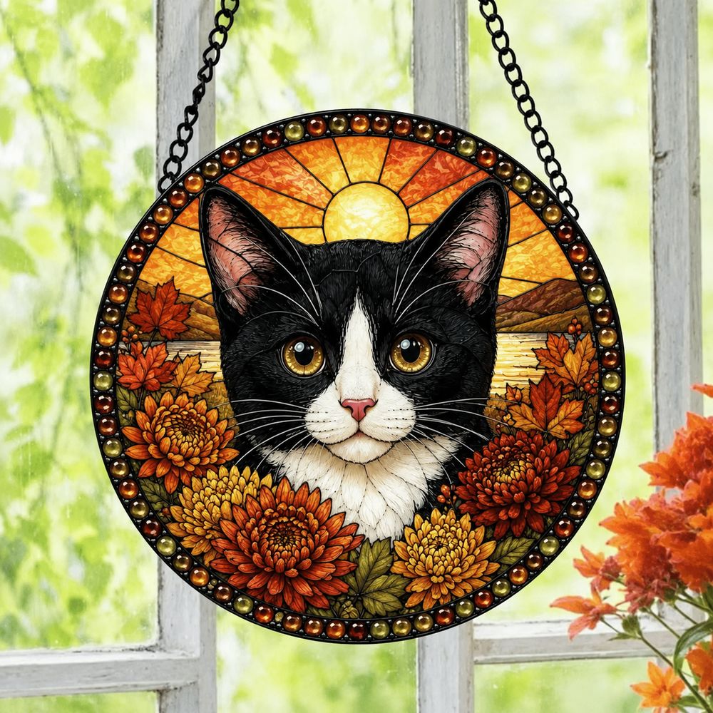 Tuxedo Cat Stained Glass Suncatcher, Black And White Cat Window Hanging, Floral Cat Decor, Cat Lover Gift, Pet Memorial Decoration - Style 10