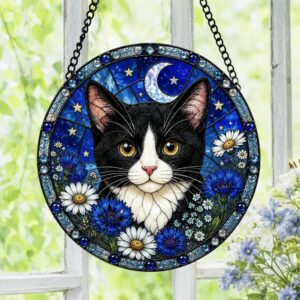 Tuxedo Cat Stained Glass Suncatcher, Black And White Cat Window Hanging, Floral Cat Decor, Cat Lover Gift, Pet Memorial Decoration - Style 2