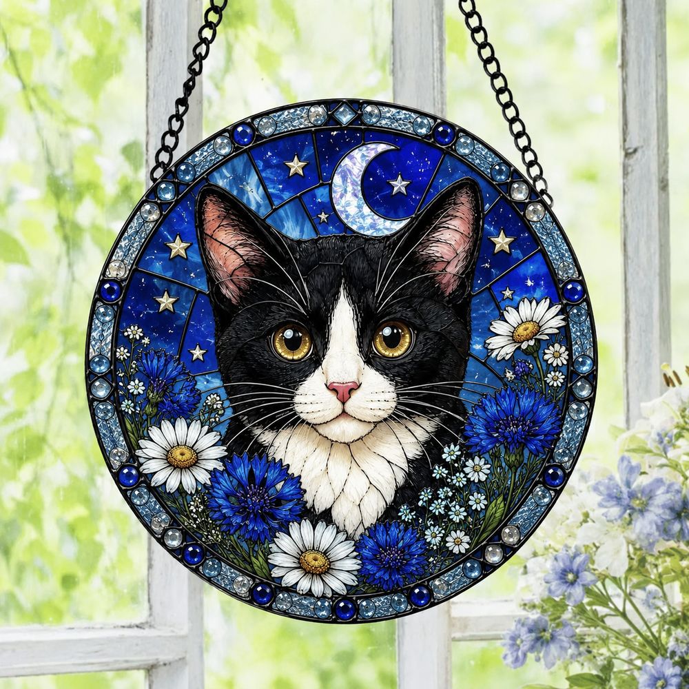 Tuxedo Cat Stained Glass Suncatcher, Black And White Cat Window Hanging, Floral Cat Decor, Cat Lover Gift, Pet Memorial Decoration - Style 2