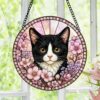 Tuxedo Cat Stained Glass Suncatcher, Black And White Cat Window Hanging, Floral Cat Decor, Cat Lover Gift, Pet Memorial Decoration - Style 3