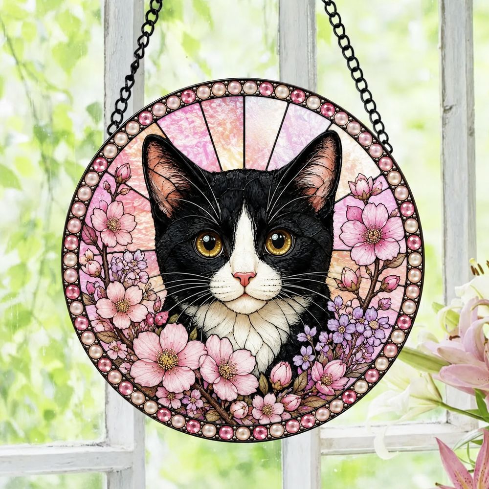 Tuxedo Cat Stained Glass Suncatcher, Black And White Cat Window Hanging, Floral Cat Decor, Cat Lover Gift, Pet Memorial Decoration - Style 3
