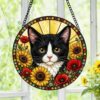 Tuxedo Cat Stained Glass Suncatcher, Black And White Cat Window Hanging, Floral Cat Decor, Cat Lover Gift, Pet Memorial Decoration - Style 4