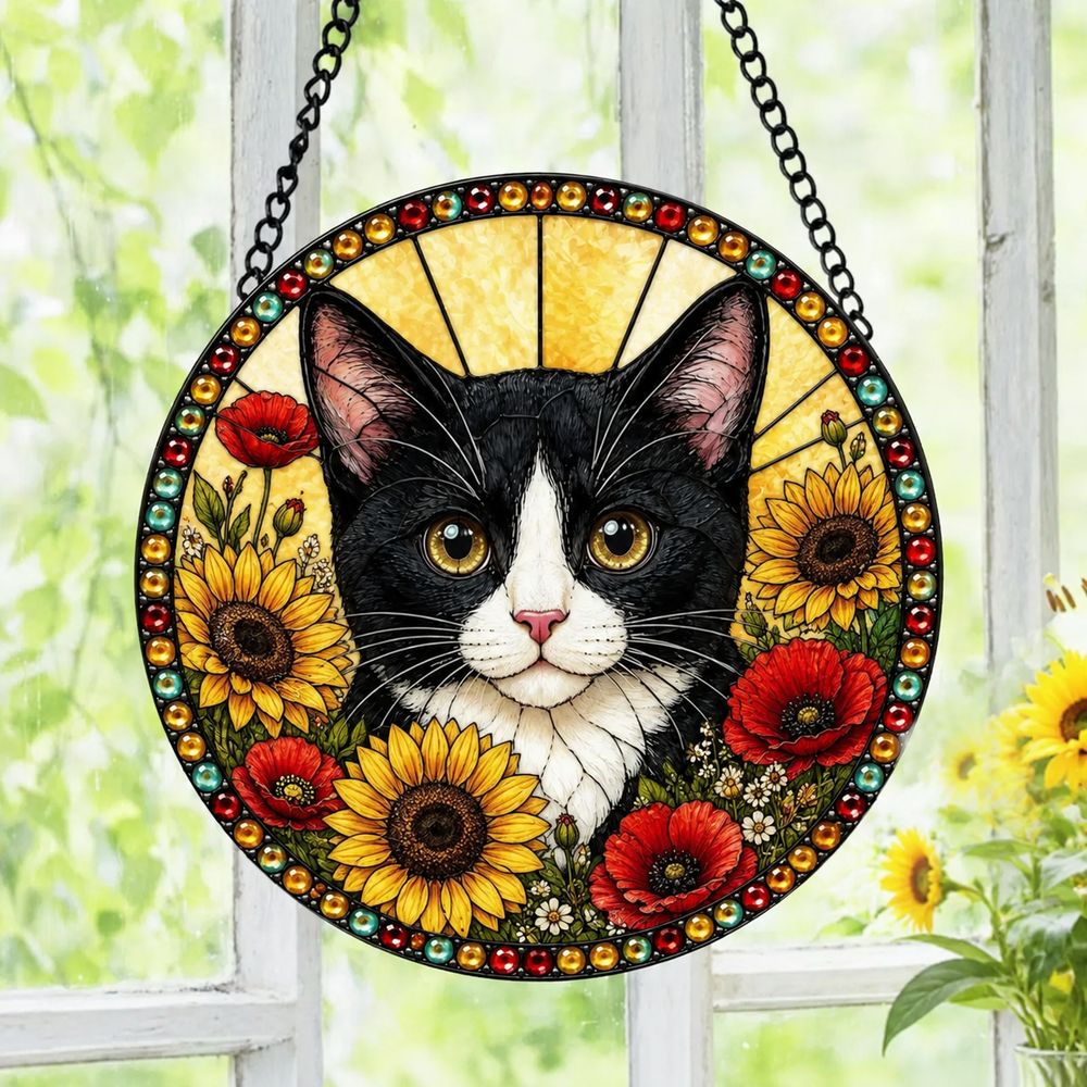 Tuxedo Cat Stained Glass Suncatcher, Black And White Cat Window Hanging, Floral Cat Decor, Cat Lover Gift, Pet Memorial Decoration - Style 4