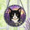 Tuxedo Cat Stained Glass Suncatcher, Black And White Cat Window Hanging, Floral Cat Decor, Cat Lover Gift, Pet Memorial Decoration - Style 5