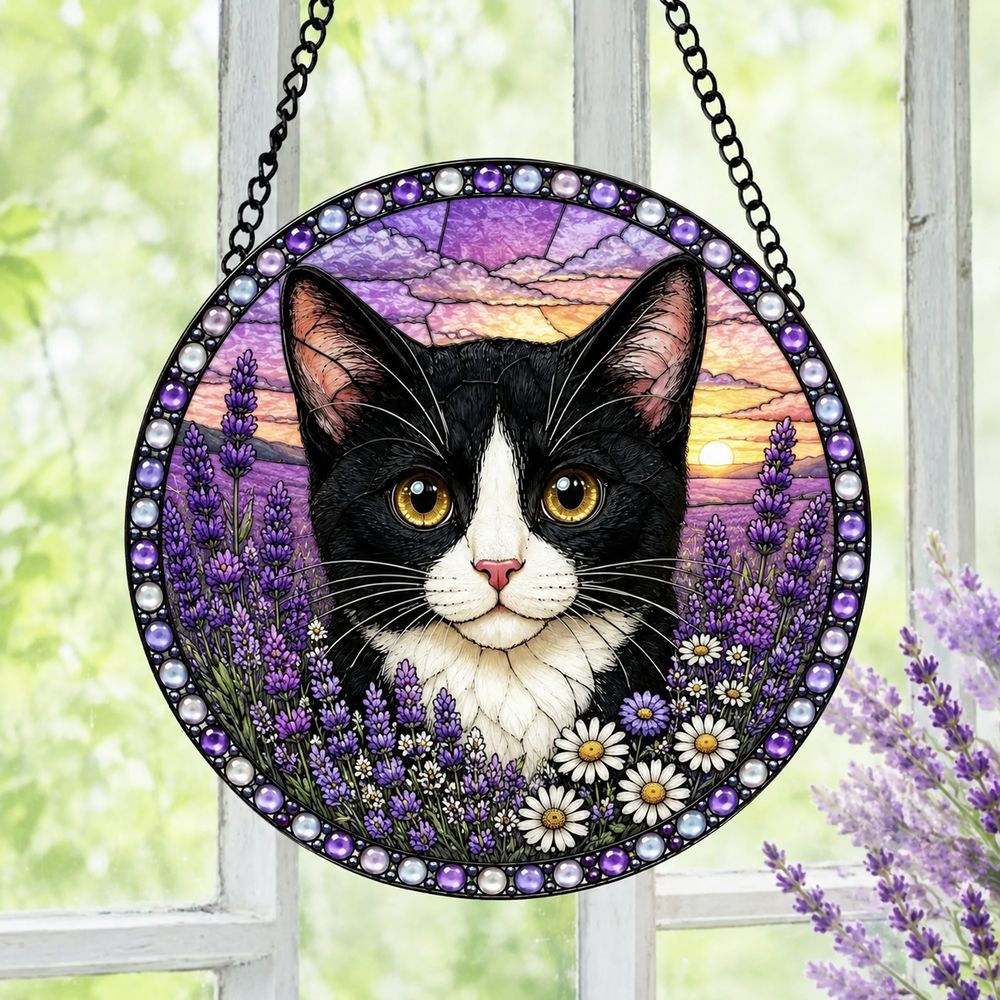 Tuxedo Cat Stained Glass Suncatcher, Black And White Cat Window Hanging, Floral Cat Decor, Cat Lover Gift, Pet Memorial Decoration - Style 5