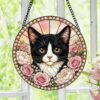 Tuxedo Cat Stained Glass Suncatcher, Black And White Cat Window Hanging, Floral Cat Decor, Cat Lover Gift, Pet Memorial Decoration - Style 6