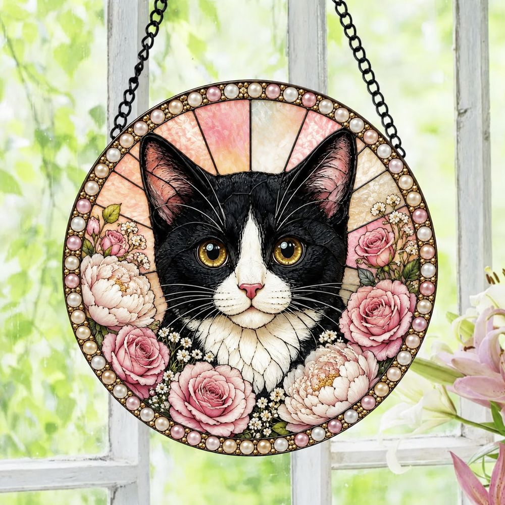 Tuxedo Cat Stained Glass Suncatcher, Black And White Cat Window Hanging, Floral Cat Decor, Cat Lover Gift, Pet Memorial Decoration - Style 6