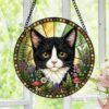 Tuxedo Cat Stained Glass Suncatcher, Black And White Cat Window Hanging, Floral Cat Decor, Cat Lover Gift, Pet Memorial Decoration - Style 7