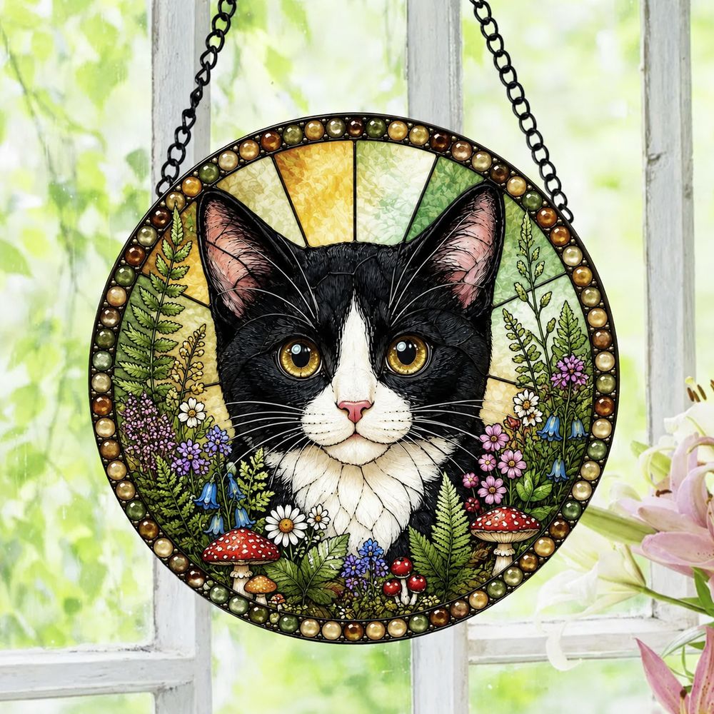 Tuxedo Cat Stained Glass Suncatcher, Black And White Cat Window Hanging, Floral Cat Decor, Cat Lover Gift, Pet Memorial Decoration - Style 7