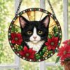 Tuxedo Cat Stained Glass Suncatcher, Black And White Cat Window Hanging, Floral Cat Decor, Cat Lover Gift, Pet Memorial Decoration - Style 8