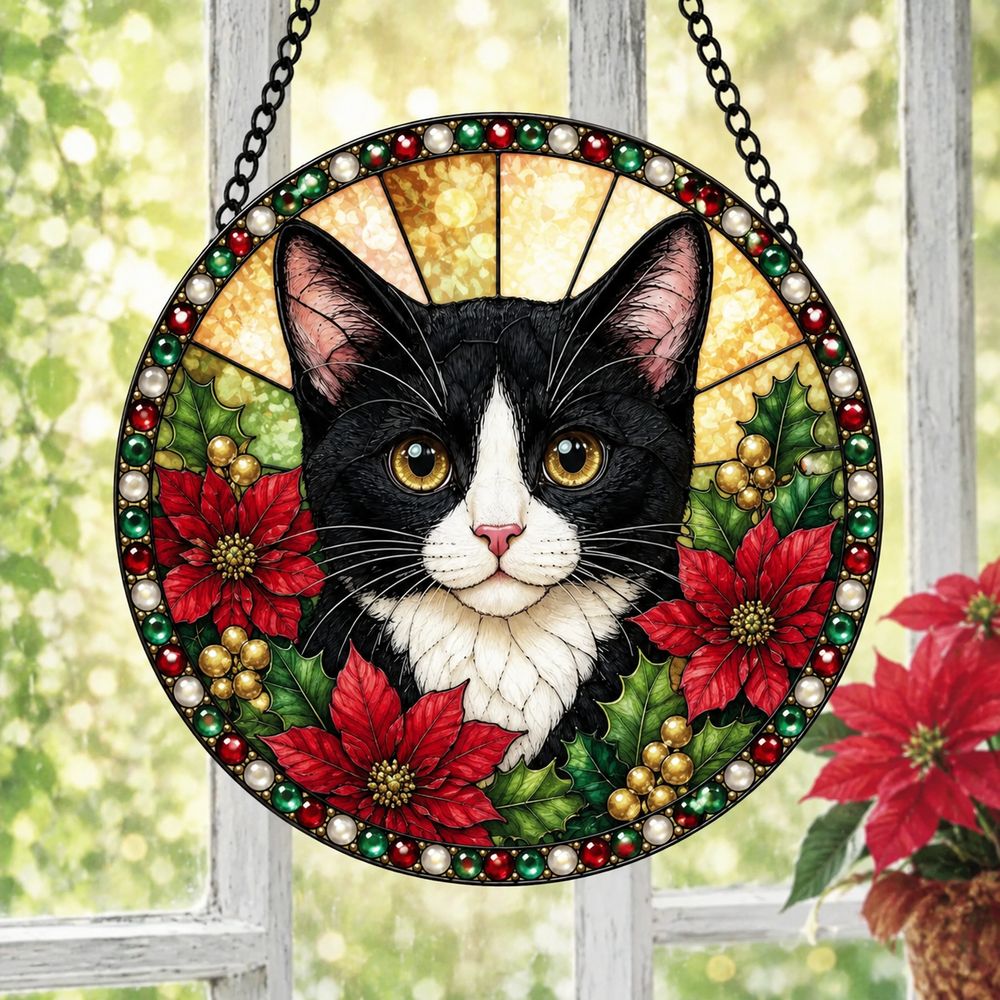 Tuxedo Cat Stained Glass Suncatcher, Black And White Cat Window Hanging, Floral Cat Decor, Cat Lover Gift, Pet Memorial Decoration - Style 8