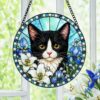 Tuxedo Cat Stained Glass Suncatcher, Black And White Cat Window Hanging, Floral Cat Decor, Cat Lover Gift, Pet Memorial Decoration - Style 9