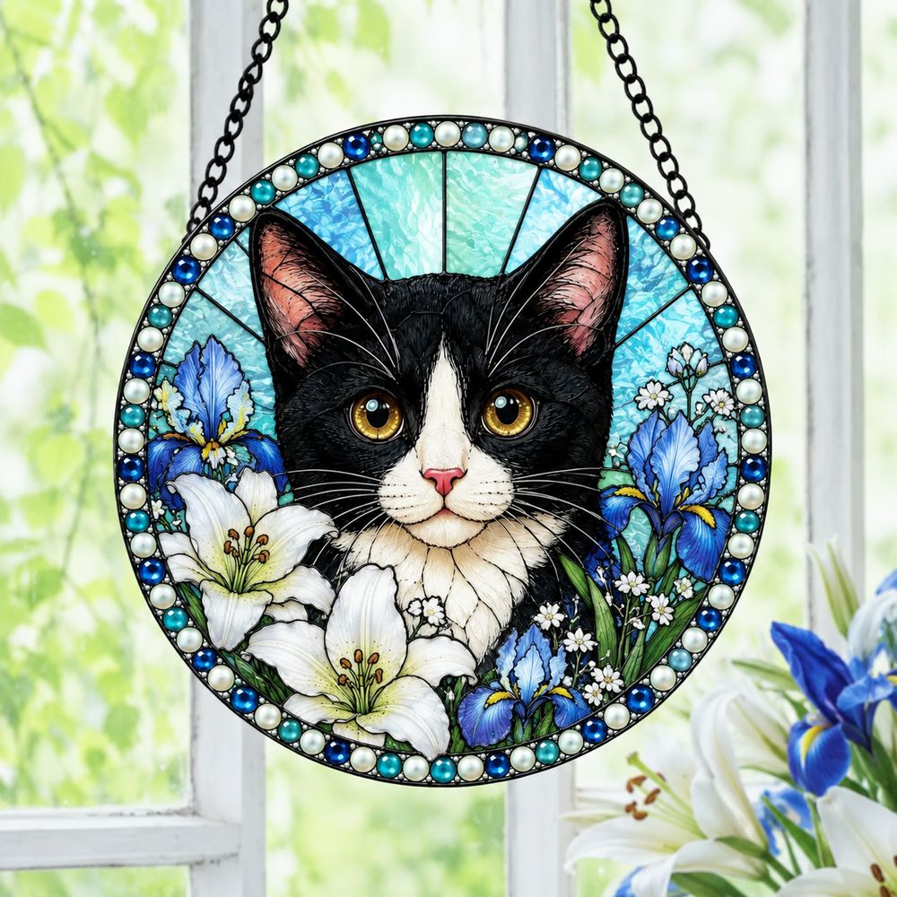 Tuxedo Cat Stained Glass Suncatcher, Black And White Cat Window Hanging, Floral Cat Decor, Cat Lover Gift, Pet Memorial Decoration - Style 9