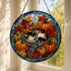 Autumn Cat Pumpkin Stained Glass Suncatcher, Pumpkin Fall Window Hanging Decor, Cozy Sleeping Cat Scarf Suncatcher, Halloween Harvest Gift - Style 1