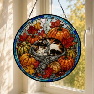 Autumn Cat Pumpkin Stained Glass Suncatcher, Pumpkin Fall Window Hanging Decor, Cozy Sleeping Cat Scarf Suncatcher, Halloween Harvest Gift - Style 1