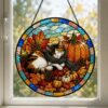 Autumn Cat Pumpkin Stained Glass Suncatcher, Pumpkin Fall Window Hanging Decor, Cozy Sleeping Cat Scarf Suncatcher, Halloween Harvest Gift - Style 10