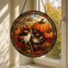 Autumn Cat Pumpkin Stained Glass Suncatcher, Pumpkin Fall Window Hanging Decor, Cozy Sleeping Cat Scarf Suncatcher, Halloween Harvest Gift - Style 2