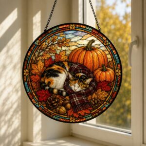 Autumn Cat Pumpkin Stained Glass Suncatcher, Pumpkin Fall Window Hanging Decor, Cozy Sleeping Cat Scarf Suncatcher, Halloween Harvest Gift - Style 2