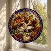 Autumn Cat Pumpkin Stained Glass Suncatcher, Pumpkin Fall Window Hanging Decor, Cozy Sleeping Cat Scarf Suncatcher, Halloween Harvest Gift - Style 3