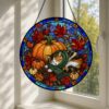 Autumn Cat Pumpkin Stained Glass Suncatcher, Pumpkin Fall Window Hanging Decor, Cozy Sleeping Cat Scarf Suncatcher, Halloween Harvest Gift - Style 4