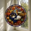 Autumn Cat Pumpkin Stained Glass Suncatcher, Pumpkin Fall Window Hanging Decor, Cozy Sleeping Cat Scarf Suncatcher, Halloween Harvest Gift - Style 5