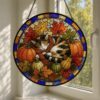 Autumn Cat Pumpkin Stained Glass Suncatcher, Pumpkin Fall Window Hanging Decor, Cozy Sleeping Cat Scarf Suncatcher, Halloween Harvest Gift - Style 7