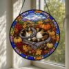 Autumn Cat Pumpkin Stained Glass Suncatcher, Pumpkin Fall Window Hanging Decor, Cozy Sleeping Cat Scarf Suncatcher, Halloween Harvest Gift - Style 8