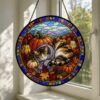 Autumn Cat Pumpkin Stained Glass Suncatcher, Pumpkin Fall Window Hanging Decor, Cozy Sleeping Cat Scarf Suncatcher, Halloween Harvest Gift - Style 9