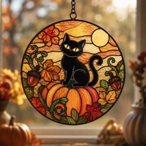 Black Cat And Pumpkin Stained Glass Suncatcher, Halloween Window Decor, Halloween Ornament Suncatcher,Halloween Gift,Stained Suncatcher - Style 1