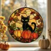 Black Cat And Pumpkin Stained Glass Suncatcher, Halloween Window Decor, Halloween Ornament Suncatcher,Halloween Gift,Stained Suncatcher - Style 10