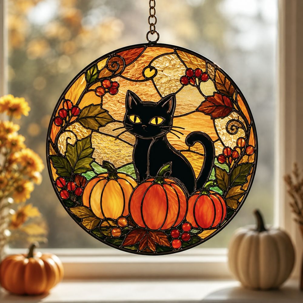 Black Cat And Pumpkin Stained Glass Suncatcher, Halloween Window Decor, Halloween Ornament Suncatcher,Halloween Gift,Stained Suncatcher - Style 10
