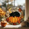Black Cat And Pumpkin Stained Glass Suncatcher, Halloween Window Decor, Halloween Ornament Suncatcher,Halloween Gift,Stained Suncatcher - Style 2