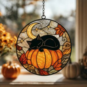 Black Cat And Pumpkin Stained Glass Suncatcher, Halloween Window Decor, Halloween Ornament Suncatcher,Halloween Gift,Stained Suncatcher - Style 2