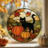 Black Cat And Pumpkin Stained Glass Suncatcher, Halloween Window Decor, Halloween Ornament Suncatcher,Halloween Gift,Stained Suncatcher - Style 3