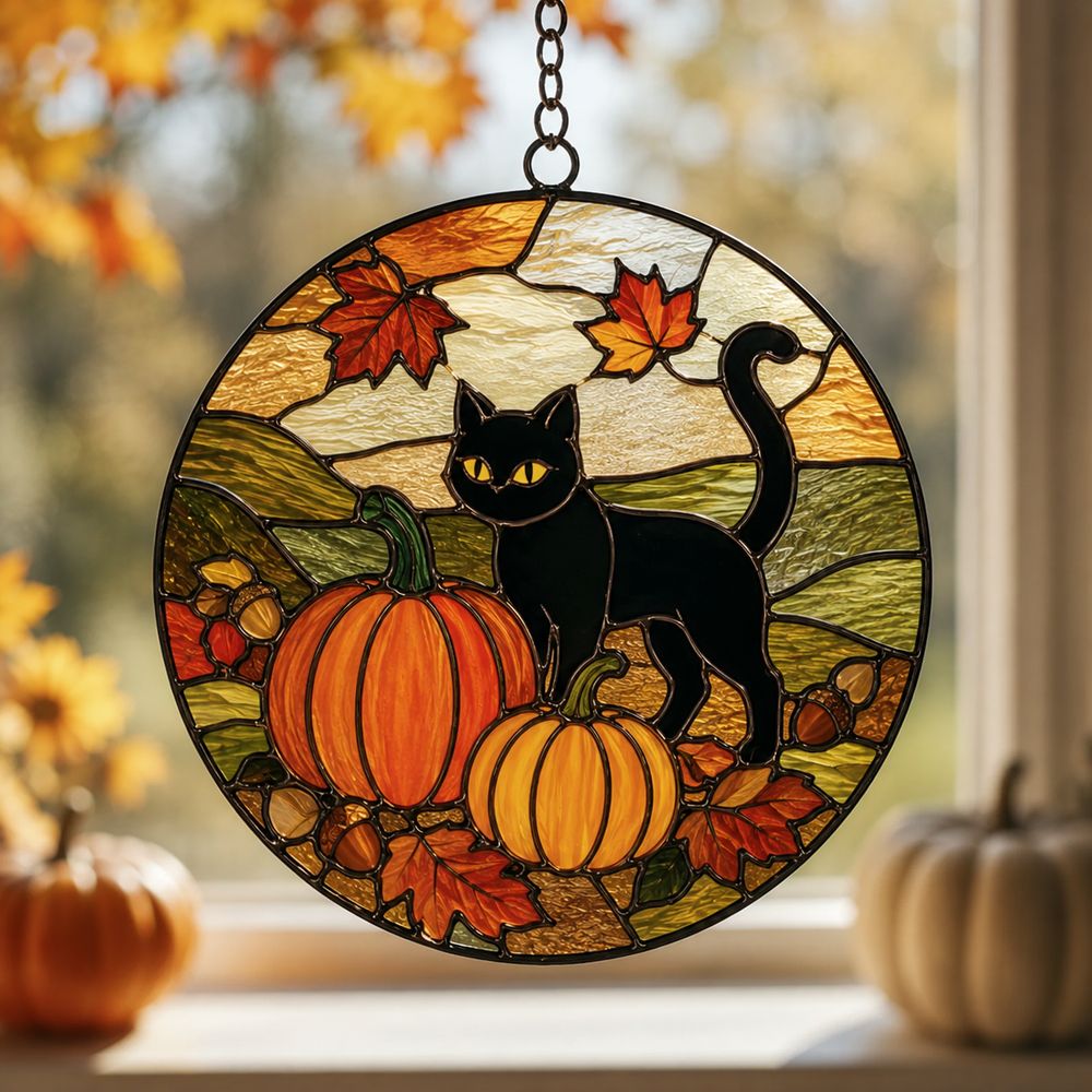 Black Cat And Pumpkin Stained Glass Suncatcher, Halloween Window Decor, Halloween Ornament Suncatcher,Halloween Gift,Stained Suncatcher - Style 3