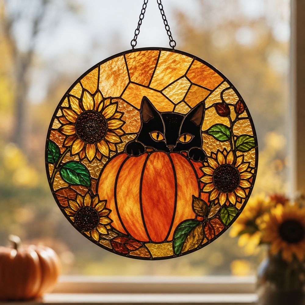 Black Cat And Pumpkin Stained Glass Suncatcher, Halloween Window Decor, Halloween Ornament Suncatcher,Halloween Gift,Stained Suncatcher - Style 4