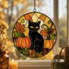 Black Cat And Pumpkin Stained Glass Suncatcher, Halloween Window Decor, Halloween Ornament Suncatcher,Halloween Gift,Stained Suncatcher - Style 5