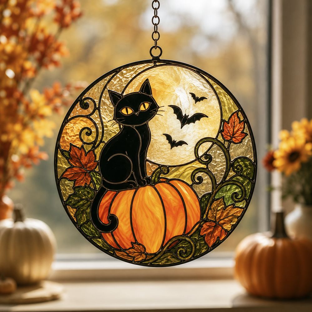 Black Cat And Pumpkin Stained Glass Suncatcher, Halloween Window Decor, Halloween Ornament Suncatcher,Halloween Gift,Stained Suncatcher - Style 6