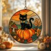 Black Cat And Pumpkin Stained Glass Suncatcher, Halloween Window Decor, Halloween Ornament Suncatcher,Halloween Gift,Stained Suncatcher - Style 7