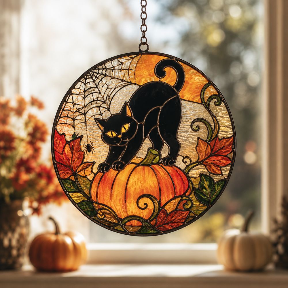 Black Cat And Pumpkin Stained Glass Suncatcher, Halloween Window Decor, Halloween Ornament Suncatcher,Halloween Gift,Stained Suncatcher - Style 8